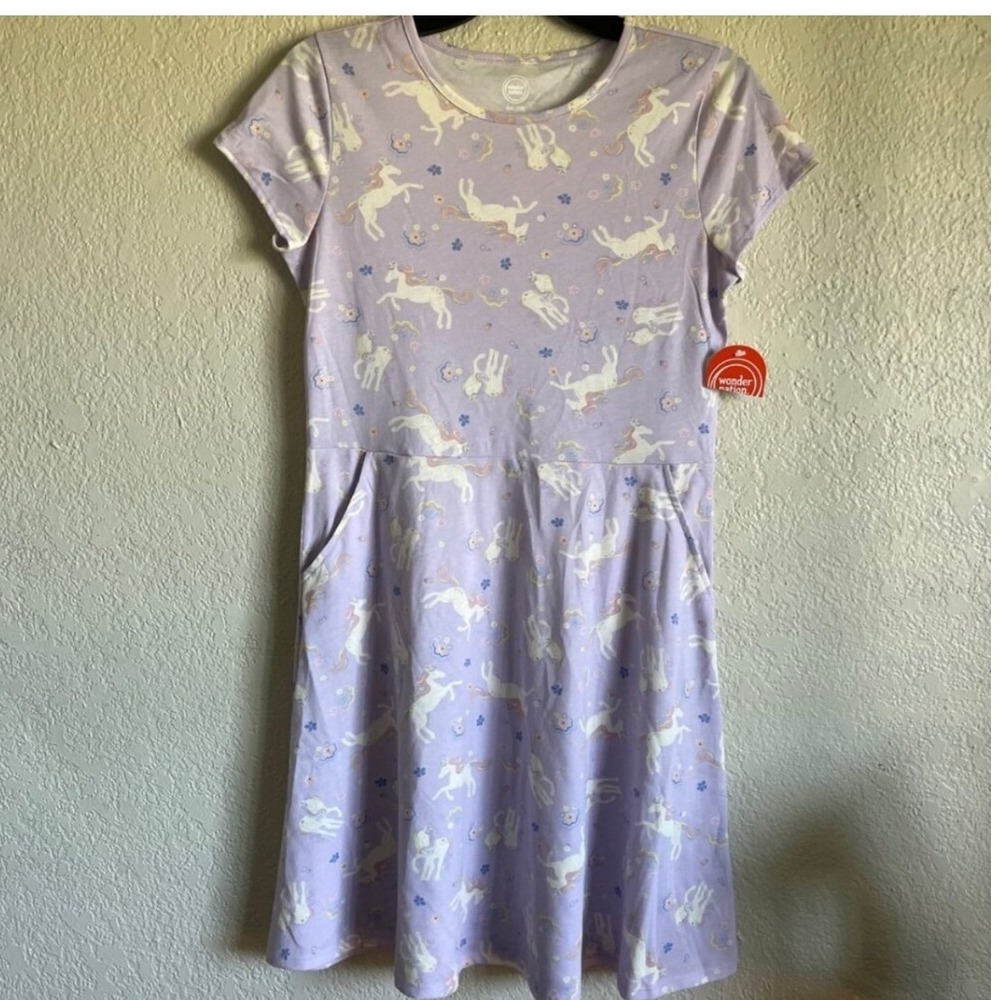 Wonder Nation Girls XL 14-16 Unicorn Dress Purple Short Sleeve Pockets NWT‎